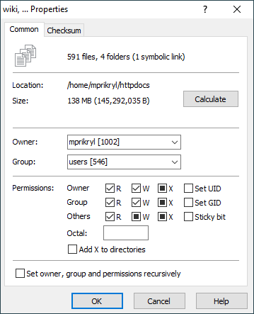 WinSCP מאפייני פריט מרוחקים עם הרשאות יוניקס