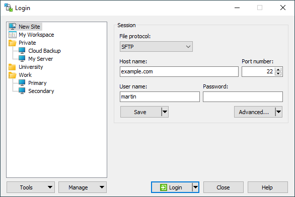 WinSCP דו-שיח התחברות עם אתרים שמורים ו SFTP שדות הפגישה